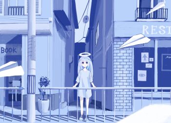 Rule 34 | 1girl, blue eyes, blue hair, blue theme, colored inner hair, commentary, dress, english commentary, grey hair, halo, highres, long hair, multicolored hair, original, outdoors, paper airplane, plant, potted plant, power lines, railing, sakiika0513, satellite dish, shoes, shop, short sleeves, smile, sneakers, solo, utility pole