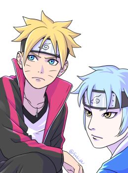 Rule 34 | 2boys, arm on knee, black headband, black jacket, blonde hair, blue eyes, blue hair, boruto: naruto next generations, commentary request, facial mark, forehead protector, frown, headband, highres, jacket, jewelry, konohagakure symbol, male focus, matsu (fu6ide2), mitsuki (naruto), multiple boys, naruto (series), necklace, serious, twitter username, uzumaki boruto, v-neck, v-shaped eyebrows, whisker markings, yellow eyes