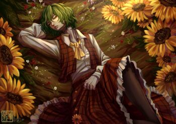 1girl absurdres arm_behind_head ascot black_pantyhose breasts closed_eyes field flower green_hair highres kazami_yuuka long_sleeves lying nerumajima pantyhose plaid_clothes plaid_skirt plaid_vest purple_flower red_flower shirt short_hair skirt sleeping solo sunflower touhou vest white_flower