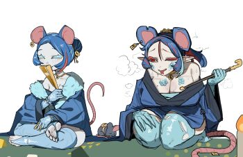 1girl 2girls :d ^_^ absurdres animal_ears bare_shoulders bbizim03 blue_gloves blue_thighhighs blush breasts cleavage closed_eyes commentary english_commentary fake_merchant_(slay_the_spire) fangs fur_trim gloves hand_fan highres holding holding_fan holding_smoking_pipe indian_style jewelry large_breasts merchant_(slay_the_spire) mole mole_on_breast mouse_ears mouse_girl mouse_tail multiple_girls necklace off_shoulder open_mouth red_eyes sarashi scales sitting slay_the_spire slay_the_spire_2 smile smoking_pipe stirrup_legwear sweat tail thighhighs toeless_legwear tongue tongue_out torn_clothes torn_thighhighs