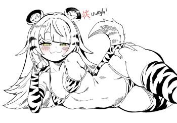 1girl :3 anger_vein animal_ears blush detached_sleeves fang fingerless_gloves gloves green_eyes hand_on_own_ass highres ju_fufu kunitoro_(artist) looking_at_viewer lying meme on_side smile smug solo tail thick_thighs thighhighs thighs uohhhhhhhhh!_(meme) wide_hips zenless_zone_zero