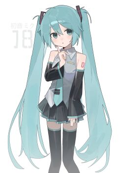 1girl ahoge ar2a armpit_crease bare_shoulders black_skirt black_sleeves black_thighhighs blue_eyes blue_hair blue_necktie blush breasts character_name collared_shirt detached_sleeves dot_nose double-parted_bangs feet_out_of_frame finger_to_cheek grey_shirt hair_between_eyes hand_up hashtag-only_commentary hatsune_miku highres index_finger_raised long_hair long_sleeves looking_to_the_side necktie number_tattoo open_mouth pleated_skirt shirt shoulder_tattoo simple_background skirt sleeveless sleeveless_shirt small_breasts solo tattoo thighhighs thinking tie_clip twintails very_long_hair vocaloid white_background zettai_ryouiki