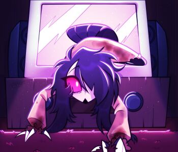 1girl colored_sclera furry furry_female grim_(grimpierrot) hair_over_one_eye hellaverse helluva_boss highres long_hair long_sleeves octavia_(helluva_boss) owl_girl pink_sclera solo television the_ring thighhighs torn_clothes torn_thighhighs white_eyes