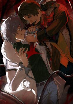 2boys absurdres bandana bandana_around_neck beads blue_eyes blue_pants brown_coat brown_hair castlevania:_dawn_of_sorrow castlevania_(series) coat commentary_request dagger facial_hair fur-trimmed_coat fur_trim goatee grey_hair grin highres holding_prayer_beads julius_belmont keiseki1 knife male_focus mature_male multiple_boys pants ponytail prayer_beads red_bandana serious smile soma_cruz stab vest weapon whip white_coat yellow_vest