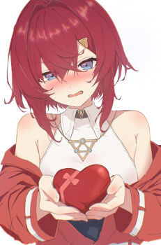 Rule 34 | 1girl, ajimiyadayo, ange katrina, ange katrina (summer casual), armpit crease, bare shoulders, blush, box, collared shirt, commentary request, crossed bangs, glint, gold necklace, hair between eyes, hair intakes, hair ornament, head tilt, heart, heart-shaped box, highres, holding, holding heart, incoming gift, jacket, jewelry, long bangs, long sleeves, looking at viewer, medium hair, necklace, nijisanji, nose blush, off shoulder, open clothes, open jacket, open mouth, purple eyes, red hair, red jacket, shirt, simple background, sleeveless, sleeveless shirt, solo, sparkling eyes, triangle hair ornament, upper body, valentine, virtual youtuber, white background, white shirt