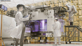 1boy 1girl 1other coat commentary_request earrings grey_pants hat highres holding holding_notepad indoors jewelry lab_coat looking_at_viewer looking_to_the_side machine mask mouth_mask notepad open_clothes open_coat original pants science_fiction shoes short_hair unamour white_coat white_hat white_pants white_shoes whiteboard