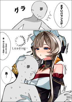 1boy 1girl @_@ between_breasts blonde_hair blue_eyes breasts cleavage commentary_request detached_sleeves dress face_between_breasts genshin_impact head_between_breasts highres hizclajqdr5590 maid_headdress medium_breasts nervous_sweating sandrone_(genshin_impact) sweat white_dress