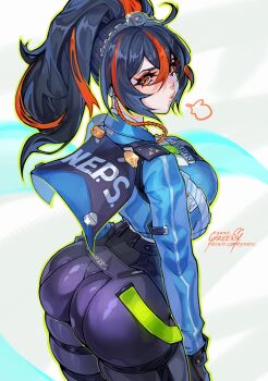 1girl absurdres artist_name ass ass_focus black_hair blue_jacket breasts checkered_necktie dated earpiece from_behind green_necktie green_outline greenu hairband high-waist_pants highres holster jacket large_breasts lips looking_at_viewer looking_back metal_hairband multicolored_hair necktie outline pants police police_uniform policewoman ponytail puff_of_air red_eyes red_hair shoulder_holster sigh simple_background solo streaked_hair thick_thighs thighs tight_clothes tight_pants white_background zenless_zone_zero zhu_yuan
