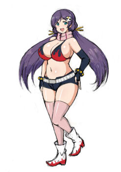 1girl aqua_eyes belt bikini black_bikini black_gloves boots breasts commentary_request cosplay flame_print gloves hair_ornament huge_breasts image_sample knightraid000 long_hair love_live! love_live!_school_idol_project low_twintails navel open_mouth purple_hair scarf short_shorts shorts skull_hair_ornament solo standing striped_clothes striped_scarf studded_belt swimsuit tengen_toppa_gurren_lagann thighhighs tojo_nozomi twintails twitter_sample white_belt white_boots yoko_littner yoko_littner_(cosplay)