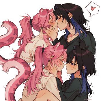 2girls absurdres alternate_costume amlichan animal_ear_fluff animal_ears artist_name black_hair black_nails black_sweater blue_eyes blue_hair blush closed_eyes colored_inner_hair commentary english_commentary eye_contact face-to-face from_side grin hair_intakes hands_on_another&#039;s_face heart highres hololive hololive_english kiss long_hair looking_at_another multicolored_hair multiple_girls multiple_views nail_polish ouro_kronii panther_ears panther_girl panther_tail pink_hair ponytail profile raora_panthera simple_background smile spoken_heart sweater tail two-tone_hair upper_body virtual_youtuber white_background white_sweater yellow_eyes yuri
