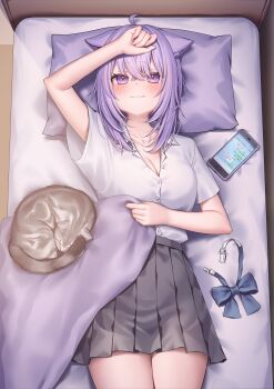 1girl :3 absurdres ahoge alternate_costume animal_ear_fluff animal_ears bed_sheet black_skirt blue_bow blush bow breasts cat cat_ears cat_girl cat_tail cellphone cleavage collared_shirt commentary_request fang grey_cat hand_on_own_forehead highres hololive long_hair looking_at_viewer lying nekomata_okayu on_back on_bed phone pillow purple_eyes purple_hair shirt skirt smartphone sugamo_lain tail temari_(nekomata_okayu) virtual_youtuber wavy_mouth white_shirt