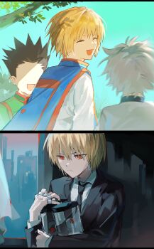 Rule 34 | 3boys, black hair, black jacket, black necktie, blonde hair, blue tabard, closed eyes, collared shirt, commentary, faceless, faceless male, gon freecss, hand chains, happy, highres, hunter x hunter, jacket, killua zoldyck, kurapika, male focus, multiple boys, necktie, open mouth, red eyes, sevenlistening, shirt, short hair, suit jacket, untranslatable commentary, tabard, upper body, white hair, white shirt