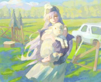 1girl absurdres animal baby_animal bare_shoulders beanie car chinese_commentary commentary_request cowboy_shot day dress fence gate grass hair_between_eyes hat hella_(path_to_nowhere) highres holding holding_animal jacket lamb lipstick long_hair long_sleeves looking_at_viewer luori_dianxin makeup motor_vehicle one_eye_closed outdoors parted_lips path_to_nowhere pom_pom_(clothes) pom_pom_beanie purple_eyes purple_hair purple_jacket red_lips sheep sleeveless sleeveless_dress solo spaghetti_strap standing tree tree_stump very_long_hair white_dress white_hat wooden_fence