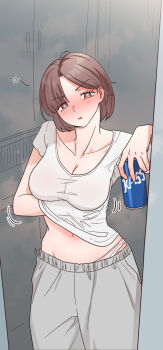 1girl arm_under_breasts beer_can breasts brown_eyes brown_hair can cleavage clothes_lift commentary cowboy_shot dashed_eyes drink_can drooling drunk english_commentary grey_pants hand_under_clothes hand_under_shirt highres holding holding_can indoors large_breasts lifting_own_clothes navel open_mouth original panties pants panty_peek pink_panties red_machine scratching shirt shirt_lift short_hair short_sleeves sketch_background solo squeans sweatpants underwear white_shirt