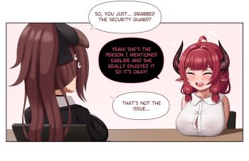 2girls ahoge animal_ears black_collar borrowed_character breasts brown_hair cleavage closed_eyes collar comic covered_erect_nipples dog-chan_(enarane) dog_ears dog_girl english_text gloves goat-chan_(enarane) goat_ears goat_girl happy large_breasts long_hair multiple_girls nervous_sweating oeffe_(oeffe_blank) office_lady original paw_gloves ponytail red_hair shortstack smile speech_bubble sweat thick_thighs thighs twintails