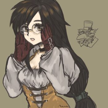 1boy 1girl adjusting_eyewear artist_name beak bird_boy black_choker bodysuit breasts brown_eyes brown_gloves brown_hair choker cleavage doctor_tot final_fantasy final_fantasy_ix garnet_til_alexandros_xvii glasses gloves grey_background hair_ornament hairclip hat juliet_sleeves long_hair long_sleeves looking_at_viewer low-tied_long_hair medium_breasts orange_bodysuit parted_lips puffy_sleeves round_eyewear shirt solo_focus top_hat u5apy0n upper_body white_shirt