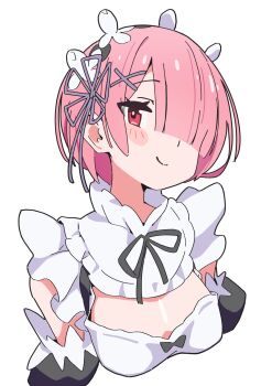 1girl blush breasts closed_mouth dress frilled_dress frills hair_ornament hair_over_one_eye hair_ribbon highres maid maid_headdress noyama_takenoko pink_hair ram_(re:zero) re:zero_kara_hajimeru_isekai_seikatsu red_eyes ribbon roswaal_mansion_maid_uniform short_hair simple_background small_breasts smile solo upper_body white_background x_hair_ornament