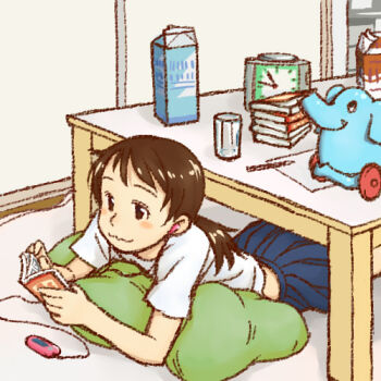 1girl :3 aratagawa_nikei book brown_hair carton clock comic digital_media_player elephant female_focus glass happy headphones lowres lying open_book paper pencil pleated_skirt reading school_uniform skirt solo stack_of_books table toy