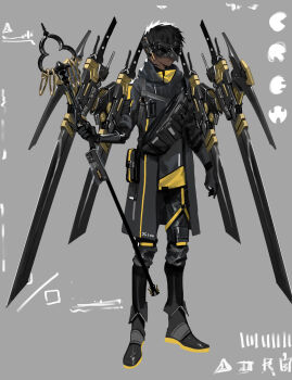 Rule 34 | 1boy, black eyes, black gloves, black hair, boots, dark-skinned male, dark skin, gloves, grey background, highres, holding, holding staff, ishida (segu ishida), looking ahead, male focus, mask, mecha danshi, open hand, original, scabbard, science fiction, sheath, sheathed, staff, sword, thigh strap, weapon