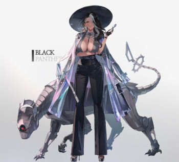 1girl absurdres belt between_breasts black_gloves black_hair black_nails bobby_pin breasts brown_eyes claw_(weapon) coat coat_on_shoulders earrings english_text eyes_visible_through_hair fingerless_gloves fingernails glint gloves gradient_background grey_hair grey_headwear hat high_heels highres holding holding_smoking_pipe jewelry large_hat long_fingernails long_hair mechanical multicolored_hair nail_polish non-humanoid_robot okku original parted_lips red_eyes robot robot_animal see-through_clothes see-through_coat single_earring sleeves_rolled_up smoking_pipe spikes standing toenails weapon