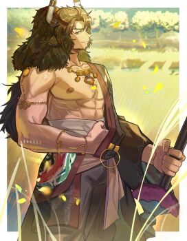 1boy abs animal_ears artist_request bara beard brown_hair closed_mouth commentary cow_boy cow_ears cow_horns english_commentary facial_hair falling_leaves grass highres holding holding_weapon horns indie_virtual_youtuber jewelry leaf lightoss looking_at_viewer male_focus muscular muscular_male necklace nipples pectorals second-party_source smile tree weapon