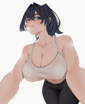 Rule 34 | 1girl, absurdres, alternate costume, bare shoulders, belt, black belt, black hair, black pants, blue eyes, blue hair, blush, bra, breasts, chain, chain earrings, cleavage, collarbone, colored inner hair, commentary, denim, eipanguino, from below, glint, hair between eyes, hair intakes, highres, hololive, hololive english, jeans, large breasts, looking at viewer, midriff, multicolored hair, navel, ouro kronii, pants, parted lips, ponytail, simple background, solo, steaming body, sweat, sweaty clothes, symbol-only commentary, two-tone hair, underwear, virtual youtuber, white background, white bra