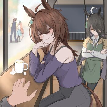 1boy 1other 3girls agnes_tachyon_(casual)_(umamusume) agnes_tachyon_(umamusume) ahoge animal_ears apron bare_shoulders black_hair black_pants black_pantyhose black_shoes black_vest blue_skirt blush breasts brown_hair closed_mouth crossed_arms ear_covers green_apron hair_between_eyes hair_over_one_eye hand_on_own_face highres horse_ears horse_girl horse_tail indoors long_hair long_sleeves looking_at_another looking_at_viewer manhattan_cafe_(umamusume) multiple_girls off-shoulder_shirt off_shoulder open_mouth orange_hair pants pantyhose pov purple_shirt purple_shoes red_eyes shaded_face shirt shirt_under_shirt shoes short_hair short_sleeves sidelocks silence_suzuka_(casual)_(umamusume) silence_suzuka_(umamusume) sitting skirt smile staring sweat t-shirt tail tomatoidaphne trainer_(umamusume) umamusume vest white_shirt yellow_eyes yellow_shirt