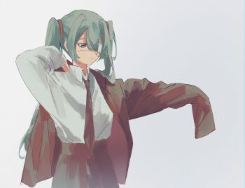 1girl absurdres black_jacket black_necktie black_skirt blazer collared_shirt double-parted_bangs dressing eyepatch geosmichi77 grey_background hatsune_miku highres jacket light_frown long_hair long_sleeves looking_down medical_eyepatch monitoring_(vocaloid) necktie pleated_skirt putting_on_jacket sad shirt simple_background skirt solo twintails vocaloid white_shirt