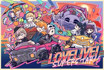 6+girls ^_^ arashi_chisato balloon bird black_hair black_hat blue_eyes blue_jacket chibi_(love_live!_superstar!!) closed_eyes collared_shirt commentary copyright_name double_bun driving fish food hair_bun hairband hat hazuki_ren heanna_sumire high_ponytail highres hiiragi_mao_(love_live!) hijirisawa_yuuna isopod jacket japanese_clothes kimono liella!_first_generation long_hair long_sleeves love_live! love_live!_superstar!! manmaru_(love_live!) multiple_girls necktie open_mouth orange_hair ponytail purple_hair red_hairband red_necktie sanpaku saya_(love_live!) shibuya_kanon shirt sunny_passion takoyaki tang_keke twintails umbrella_octopus v-shaped_eyebrows white_hair white_kimono white_shirt yukitake_(bullfalk)