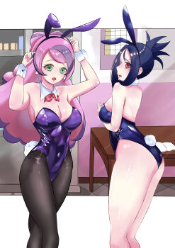 2girls absurdres alternate_costume animal_ears ass bare_legs bare_shoulders black_hair black_leotard breasts cleavage collarbone cross_scar dendra_(pokemon) detached_collar earrings fake_animal_ears fake_tail flower_earrings green_eyes high_ponytail highres jewelry large_breasts leotard light_purple_hair long_hair miriam_(pokemon) multicolored_hair multiple_girls nintendo pantyhose playboy_bunny pokemon pokemon_sv ponytail purple_leotard rabbit_ears rabbit_tail red_eyes scar scar_on_face scar_on_forehead short_hair strapless strapless_leotard streaked_hair swept_bangs tail thick_thighs thighs wasa5747 yellow_nails