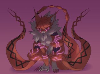 +_+ 1girl absurdres breasts digimon digimon_adventure_tri. fingering fur_collar furry furry_female glowing_markings highres jellyenvy meicrackmon_vicious_mode navel neon_trim nipples pussy red_eyes sharp_nails squatting third-party_edit