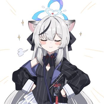 1girl animal_ears black_dress black_jacket black_streaks blue_archive blue_halo blush blush_stickers breasts china_dress chinese_clothes cleavage_cutout closed_eyes closed_mouth clothing_cutout commentary_request diamond_cutout doyagao dress emphasis_lines facing_viewer grey_hair hair_between_eyes halo hands_on_own_hips highres jacket jacket_partially_removed kokona_(blue_archive) long_hair long_sleeves multicolored_hair puff_of_air sidelocks simple_background single_bare_shoulder sleeveless sleeveless_dress small_breasts smile smug solo sparkle streaked_hair striped_clothes striped_dress striped_jacket tama_sakura upper_body vertical-striped_clothes vertical-striped_dress vertical-striped_jacket white_background