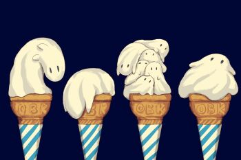 absurdres avogado6 blue_background commentary_request food ghost highres ice_cream ice_cream_cone no_humans original sheet_ghost simple_background