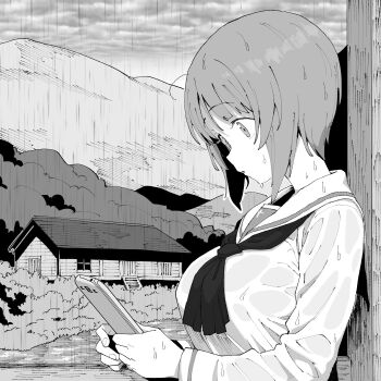 1girl breasts cellphone cloud commentary_request girls_und_panzer greyscale henyaan_(oreizm) highres holding holding_phone long_sleeves monochrome neckerchief nishizumi_miho ooarai_school_uniform outdoors phone rain sailor_collar school_uniform serafuku shirt short_hair sky upper_body wet wet_clothes wet_hair wet_shirt