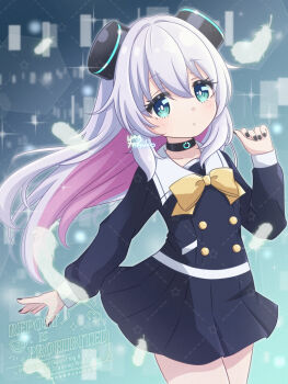 1girl 299nerukowinter alma-chan_wa_kazoku_ni_naritai alma_(alma-chan_wa_kazoku_ni_naritai) arm_up black_choker black_dress black_serafuku blurry blurry_background bow bowtie breasts buttons choker closed_mouth collarbone cowboy_shot double_bun dress dutch_angle expressionless eyebrows_hidden_by_hair feathers floating_hair green_eyes hair_between_eyes hair_bun hair_ornament hand_up highres jacket light_blush long_hair long_sleeves looking_at_viewer multicolored_hair open_clothes open_jacket pink_hair pleated_skirt sailor_collar school_uniform serafuku sidelocks signature skirt sleeves_past_wrists small_breasts solo standing two-tone_hair very_long_hair watermark white_hair white_sailor_collar yellow_bow yellow_bowtie