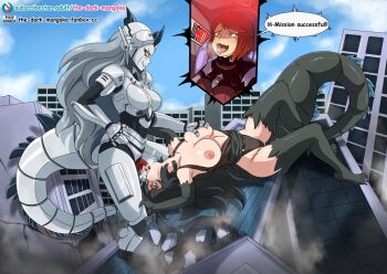 1futa 1girl breasts cum cum_in_mouth cyborg deepthroat destruction fellatio futa_with_female futanari godzilla godzilla_(series) godzilla_against_mechagodzilla grabbing_another&#039;s_breast groping hand_on_breast hand_on_own_hip japan_self-defense_force kaiju kiryu_(godzilla) lying mecha mechagodzilla military on_back oral robot talking the_dark_mangaka toho weapon yashiro_akane