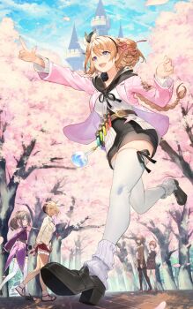 Rule 34 | 5girls, :d, atelier (series), atelier resleriana, atelier rorona, atelier ryza, atelier ryza 1, atelier sophie, atelier totori, black dress, black footwear, black ribbon, blazer, blonde hair, blue eyes, blue sky, braid, castle, cherry blossoms, cloud, day, dress, falling petals, flask, highres, hood, hood down, jacket, long hair, long sleeves, looking at another, mimi houllier von schwarzlang, mimi houllier von schwarzlang (lonely glory), multiple girls, non-web source, official alternate costume, open mouth, outdoors, petals, pink jacket, pointing, pointing forward, reisalin stout, reisalin stout (blooming energy), resna sternenlicht, resna sternenlicht (loved rookie), ribbon, rorolina frixell, rorolina frixell (joyful leader), round-bottom flask, running, school uniform, shoe soles, shoes, short hair, sky, smile, socks, sophie neuenmuller, sophie neuenmuller (mighty boss), spring (season), standing, test tube, thighhighs, tree, white socks, white thighhighs