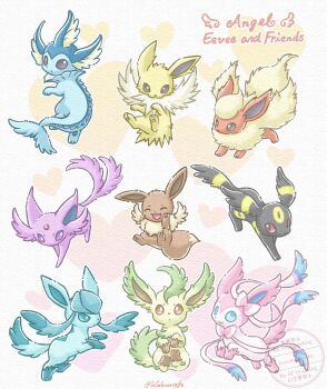 :d :o absurdres black_eyes blue_eyes brown_eyes closed_mouth colored_sclera commentary_request eevee espeon feathered_wings feathers flareon full_body gen_1_pokemon gen_2_pokemon gen_4_pokemon gen_6_pokemon glaceon happy heart highres jolteon leafeon nintendo no_humans open_mouth pokemon pokemon_(creature) pokemon_focus purple_eyes red_sclera sasabunecafe smile sylveon twitter_username umbreon vaporeon wings