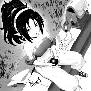 1girl :d absurdres apple armlet bag bandeau bare_shoulders belt breasts collarbone commentary dot_nose dutch_angle earrings english_commentary food foot_out_of_frame fox from_above fruit genie glasses grass greyscale hair_tie hairband harem_pants high_ponytail highres holding holding_food jewelry lira_(revenantart) long_hair looking_at_viewer lower_teeth_only medium_breasts midriff monochrome navel open_mouth original outdoors pants parted_bangs pet pointy_ears ponytail revenantart sandals satchel signature single_earring sitting smile solo teeth watermark web_address whiskers