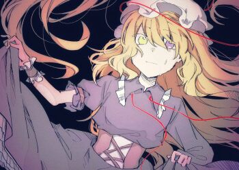 1girl blonde_hair breasts closed_mouth collared_dress commentary corset dated_commentary dress frilled_dress frilled_shirt_collar frilled_wrist_cuffs frills hat heterochromia highres holding_own_dress long_hair maribel_hearn mob_cap oriharareimu puffy_short_sleeves puffy_sleeves purple_dress purple_eyes purple_wrist_cuffs red_corset short_sleeves sleeve_garter solo tears tears_from_one_eye touhou underbust very_long_hair white_hat wrist_cuffs yellow_eyes