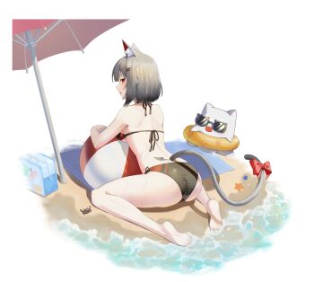 1girl absurdres animal_ears ass ball barefoot beach beach_towel beachball bikini black_bikini bow cat_ears cat_girl cat_tail commentary_request crab creature full_body grey_hair highres innertube korean_commentary leaning_forward looking_at_viewer looking_back maro_(neneko_mashiro) moon_(restire) neneko_mashiro parasol parted_lips red_bow red_eyes short_hair sitting stellive string_bikini swim_ring swimsuit tail tail_bow tail_ornament towel umbrella virtual_youtuber water