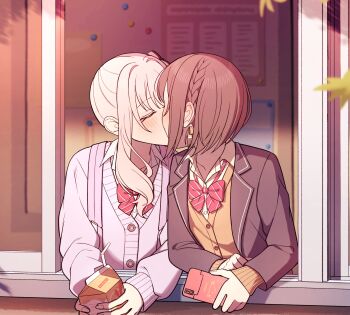 Rule 34 | 1girl, 1other, akiyama mizuki, black jacket, bow, bowtie, braid, brown hair, cardigan, closed eyes, collared shirt, commentary request, diagonal-striped bow, diagonal-striped bowtie, diagonal-striped clothes, drink carton, highres, holding, holding drink carton, holding phone, jacket, kiss, leaf, long hair, long sleeves, mutu (25love), open clothes, open jacket, other with female, phone, pink cardigan, pink hair, project sekai, red bow, red bowtie, shinonome ena, shirt, short hair, side braid, side ponytail, single braid, striped bow, striped bowtie, striped clothes, through window, vest, white shirt, yellow vest