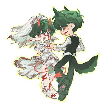2boys :d alternate_costume animal_ears black_hair black_vest blood blood_on_clothes blood_on_face blood_on_hands blood_on_leg blood_splatter breasts bridal_gauntlets bridal_veil collared_shirt dancing demon_horns demon_tail dress fang full_body highres holding_hands horns kim_dokja large_breasts looking_at_viewer multiple_boys omniscient_reader&#039;s_viewpoint open_mouth pointy_ears red_eyes shirt short_hair skin_fang slippers smile standing standing_on_one_leg tail v_kyyi veil vest wedding_dress white_dress white_shirt wolf_ears wolf_tail yellow_eyes yoo_joonghyuk