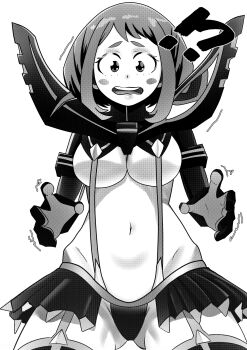 !? 1girl :o ass blush_stickers boku_no_hero_academia breasts cosplay drawfag embarrassed garter_straps gluteal_fold greyscale halftone highres kill_la_kill matoi_ryuuko matoi_ryuuko_(cosplay) medium_breasts medium_hair microskirt midriff monochrome navel revealing_clothes screentones senketsu simple_background skirt standing suspenders trembling uraraka_ochako white_background