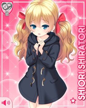 1girl aqua_eyes black_coat blonde_hair blue_eyes card_(medium) character_name coat duffel_coat embarrassed freckles girlfriend_(kari) hair_ribbon looking_at_viewer official_art pink_background qp:flapper raised_inner_eyebrows red_ribbon ribbon shiratori_shiori solo standing thighs twintails wavy_hair