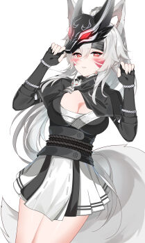 Rule 34 | 1girl, absurdres, ahoge, animal ears, black gloves, black headband, black jacket, blush, breasts, cleavage, commentary request, cowboy shot, eyeliner, facial mark, fingerless gloves, fox mask, gloves, grey hair, hair between eyes, hakurou (onmyoji), hands up, headband, heart, heart-shaped pupils, highres, jacket, kolimiya, large breasts, long hair, looking at viewer, makeup, mask, mask on head, miniskirt, onmyoji, onmyoji arena, parted lips, ponytail, red eyeliner, red eyes, simple background, skirt, solo, symbol-shaped pupils, tail, white background, white skirt, wolf ears, wolf girl, wolf tail