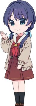 Rule 34 | 1girl, black socks, blue eyes, blue hair, blue ribbon, brown cardigan, brown dress, brown shoes, cardigan, closed mouth, dress, full body, game cg, hair intakes, hair ribbon, hand up, hasu no sora school uniform, kneehighs, link! like! love live!, loafers, long hair, long sleeves, looking at viewer, love live!, low twintails, medium dress, mizuki maya, mole, mole on neck, murano sayaka, neckerchief, non-web source, official art, open cardigan, open clothes, pleated dress, red neckerchief, ribbon, sailor collar, sailor dress, school uniform, self-datamine, shoes, simple background, smile, socks, solo, split mouth, standing, tachi-e, transparent background, twintails, virtual youtuber, white sailor collar, winter uniform