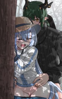 1boy 1girl absurdres bikeibikei black_coat black_horns blue_hair bucket_hat clothes_pull coat commentary grabbing_from_behind green_hair griseo griseo_(cosmic_expression) hand_on_another's_hip hat hetero highres honkai_(series) honkai_impact_3rd horns kosma long_hair open_mouth outdoors pants pants_pull pointy_ears sex sex_from_behind shirt short_hair tree very_long_hair white_shirt