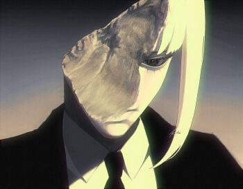 Rule 34 | black necktie, business suit, chainsaw man, commentary, expressionless, formal clothes, highres, makima (chainsaw man), monochrome, necktie, one-eyed, portrait, ringed eyes, shirt tucked in, signature, snowberryaki, spot color, suit, symbol-only commentary, yellow eyes