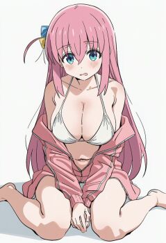 1girl bikini blue_eyes bocchi_the_rock! breasts cleavage gotoh_hitori hair_ornament heroherochan115 highres jacket long_hair navel open_mouth pink_hair sitting swimsuit wariza wavy_mouth white_background white_bikini